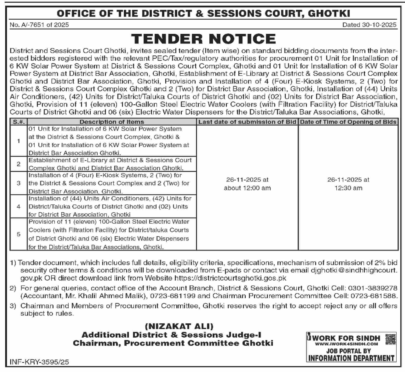 District & Session Court Ghotki Tender Notice